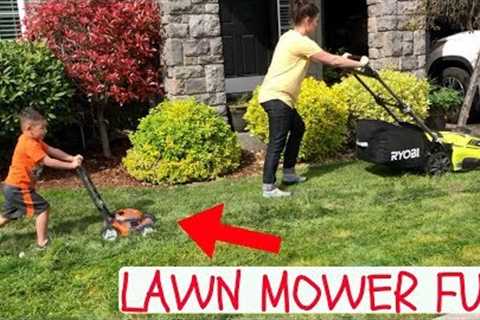 LAWN MOWER for KIDS: Toy Lawn Mowers vs Real Lawn Mower! HELPING MOM MOW GRASS